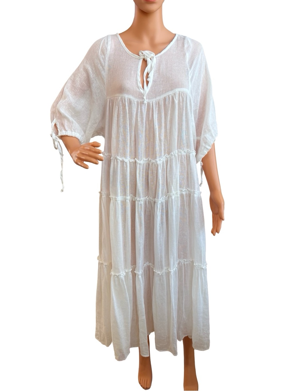 Flowy White Maxi Dress with Tie Neck - Picture 2 of 8